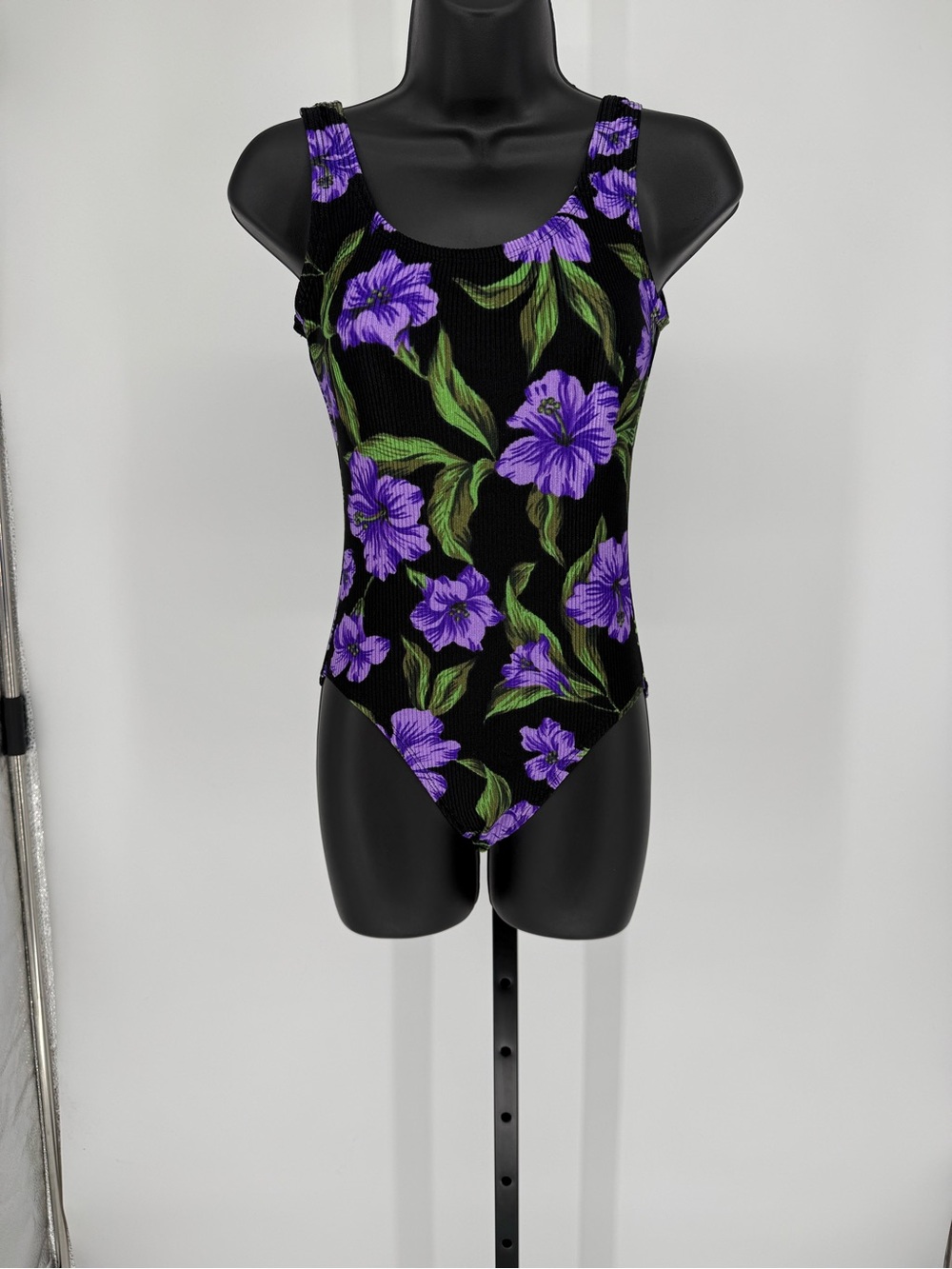 VTG One Piece Low Back Bathing Suit in Black, Purple, & Green